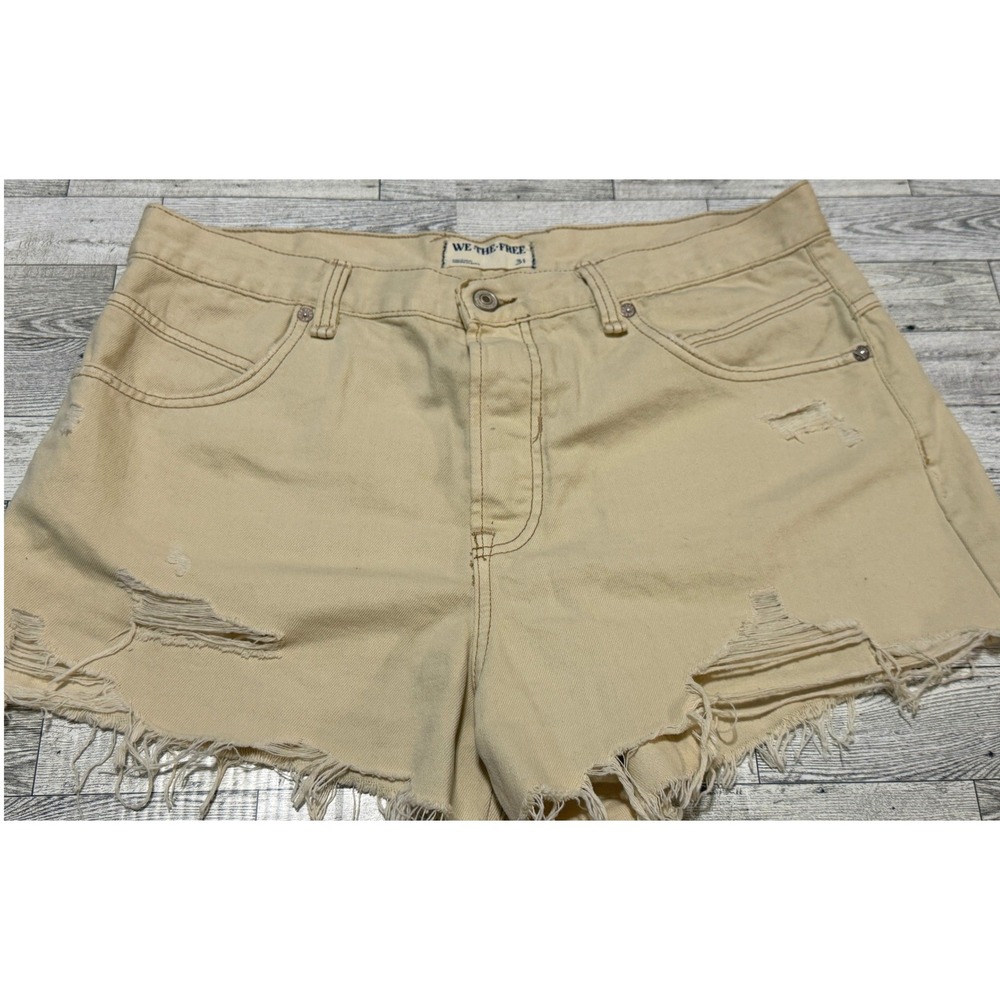 We The Free People Makai Cut Off Distressed Denim Shorts Tan Sand Size 31